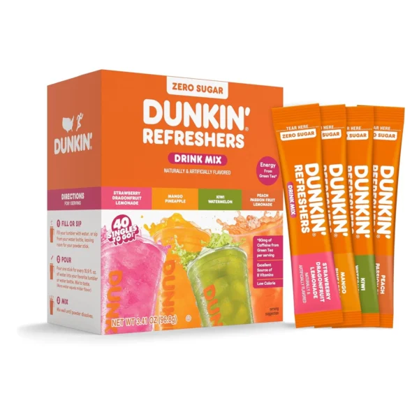 Dunkin’ Zero Sugar Refreshers Singles To Go! Powdered Drink Mix, 40 Ct Variety Pack, Energy from Green Tea, Aspartame-Free, Just Add Water