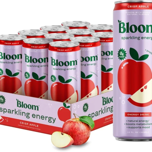 Bloom Nutrition Sparkling Energy Drink - Natural Caffeine, Zero Sugar, 180mg Caffeine - Antioxidant-Rich with Green Coffee Bean, Green Tea Extract, Prebiotics - Crisp Apple - 12oz 12 Pack