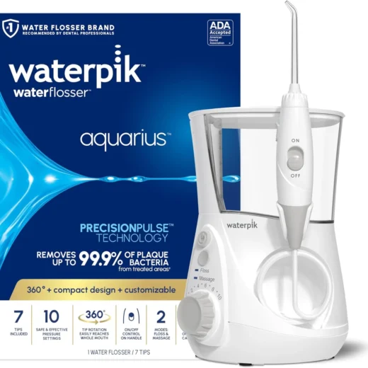 Waterpik Aquarius Water Flosser For Teeth Cleaning, Gums, Braces, Dental Care, Electric Power With 10 Settings, 7 Tips For Multiple Users And Needs, ADA Accepted, White WP-660, Packaging May