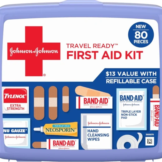 BAND-AID Brand Travel Ready Portable Emergency First Aid Kit, Minor Wound Care, Perfect for Home, Car, Camping, Travel & Outdoor Essentials, Supplies Include Bandages, Neosporin & Tylenol, 80