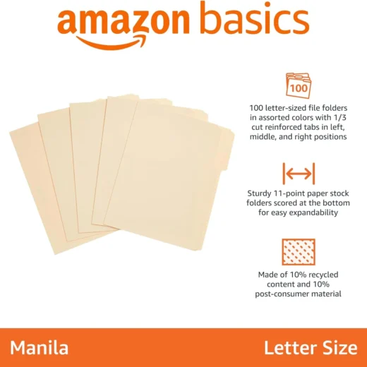 Amazon Basics Sturdy File Folders with Reinforced Tabs for Filing and Organization, 1/3-Cut Tab, Assorted Positions, Letter Size, 8.5x11 inches, Manila, 100-Pack