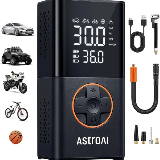 AstroAI L7 Tire Inflator Portable Air Compressor,150 PSI Cordless Mini Air Bike Auto Shut-Off Pump with Digital Display Pressure Gauge, Fast Inflation & LED Light for Car Tires,Motorcycles,Bi