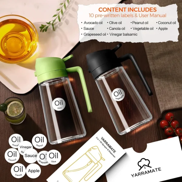 YARRAMATE 16oz/470ml Glass Olive Oil Sprayer for Cooking with Stickers, 2 in 1 Oil Dispenser for Kitchen Gadgets, Food Grade Premium Spray Bottle with Portion Control for Salad, Frying, BBQ (