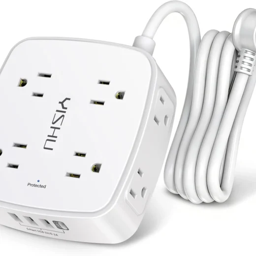 6 Ft Surge Protector Power Strip - 8 Widely Outlets with 4 USB Ports, 3 Side Outlet Extender with 6 Feet Extension Cord, Flat Plug, Wall Mount, Desk USB Charging Station, ETL,White