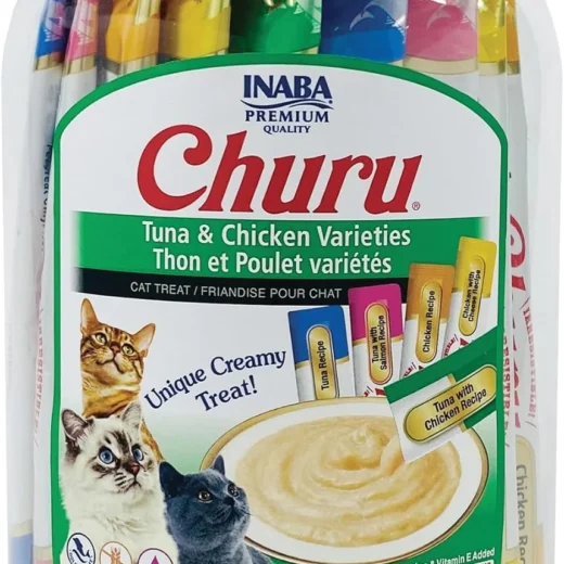 INABA Churu Cat Treats, Lickable, Squeezable Creamy Purée Cat Treat with Green Tea Extract & Taurine, 0.5 Ounces Each Tube, 50 Tubes, Tuna & Chicken Variety