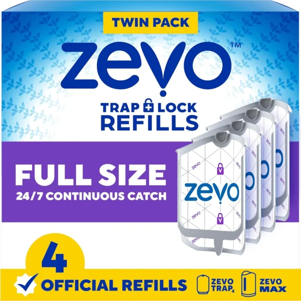 Zevo Flying Insect Trap Official Refill Cartridges - Fits Zevo Trap and MAX Indoor Fly Trap, Trap+Lock Technology Fly Trap Refill for Gnats, House Flies & Fruit Flies (4 Official Refill Cartr