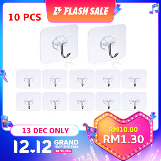 [LazChoice]LazChoice 10pcs Adhesive Hooks(10kg) stick hook Heavy Duty Sticky Wall & Ceiling & Door Hooks Nail Free Clear Hook for Bathroom and Kitchen No Scratch Waterproof and Oilproof